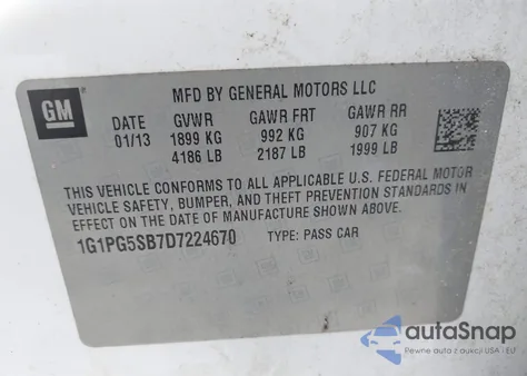 2013 Chevrolet Cruze Ltz z USA, uszkodzony, nr VIN 1G1PG5SB7D7224670